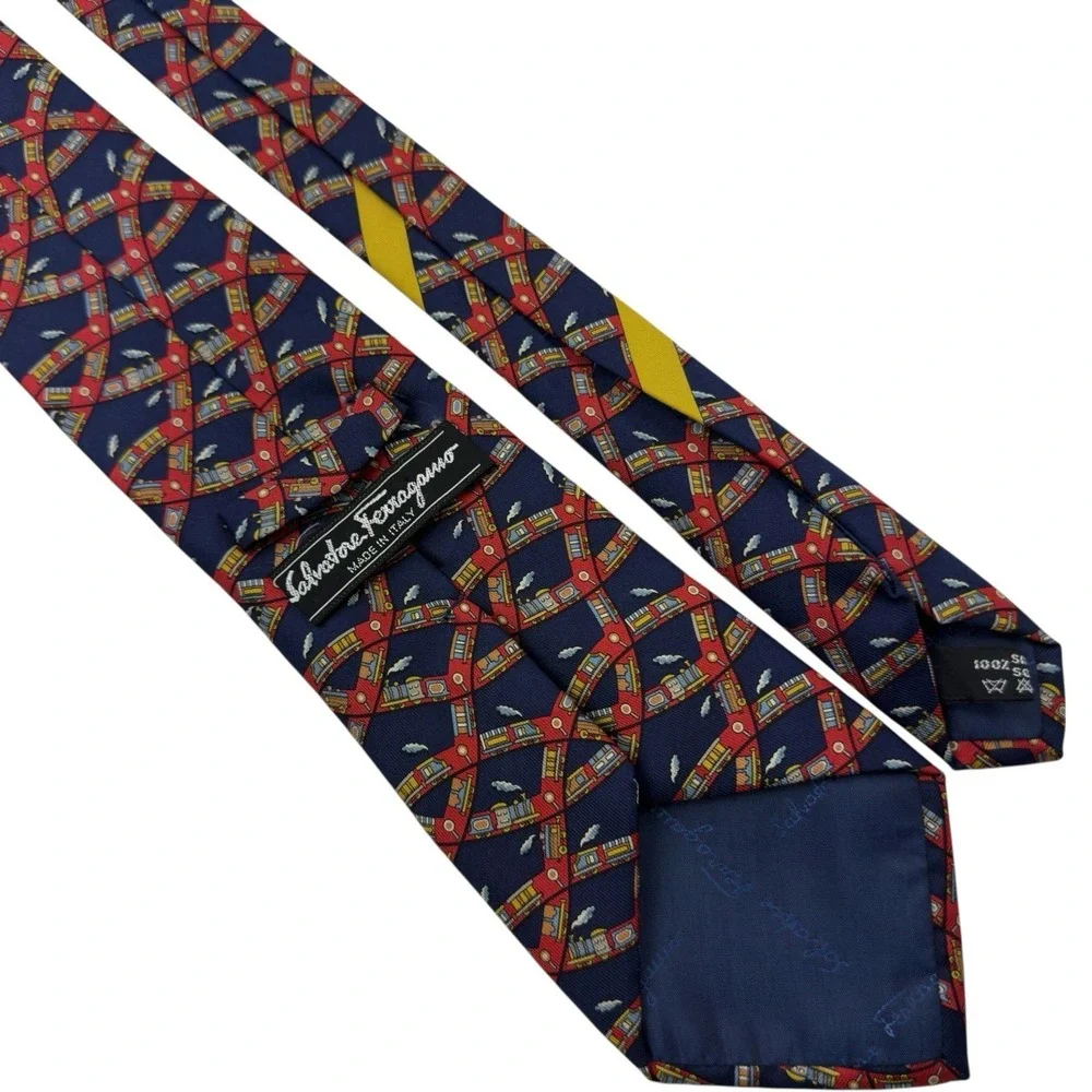 Salvatore Ferragamo Blue Red‎ Train Print Pure Silk Necktie Made in Italy 57x3.5
